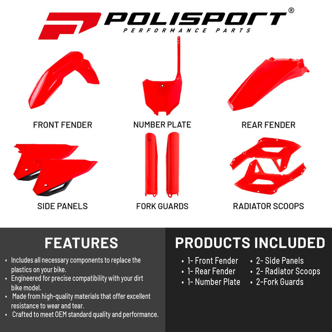 Polisport Motocross (MX) Replica Plastic Kit for Honda CRF 250RX (2022-24) Dirt Bike – OEM Quality, Durable, Flexible & Perfect Fit – Red