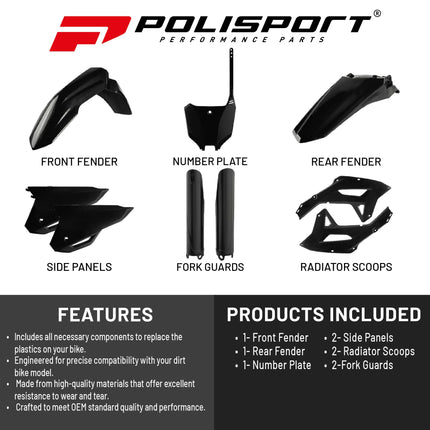 Polisport Motocross (MX) Replica Plastic Kit for Honda CRF 250RX (2022-24) Dirt Bike – OEM Quality, Durable, Flexible & Perfect Fit – Black