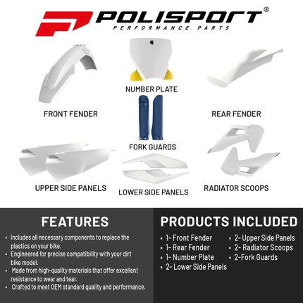 Polisport Motocross (MX) Replica Plastic Kit for Husqvarna TC/FC (2019-22) Dirt Bike – OEM Quality, Durable, Flexible & Perfect Fit – White/Blue