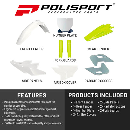 Polisport Motocross (MX) Replica Plastic Kit for Husqvarna TC & FC (2023-2024) Dirt Bike – OEM Quality, Durable, Flexible & Perfect Fit – White/Yellow/Grey