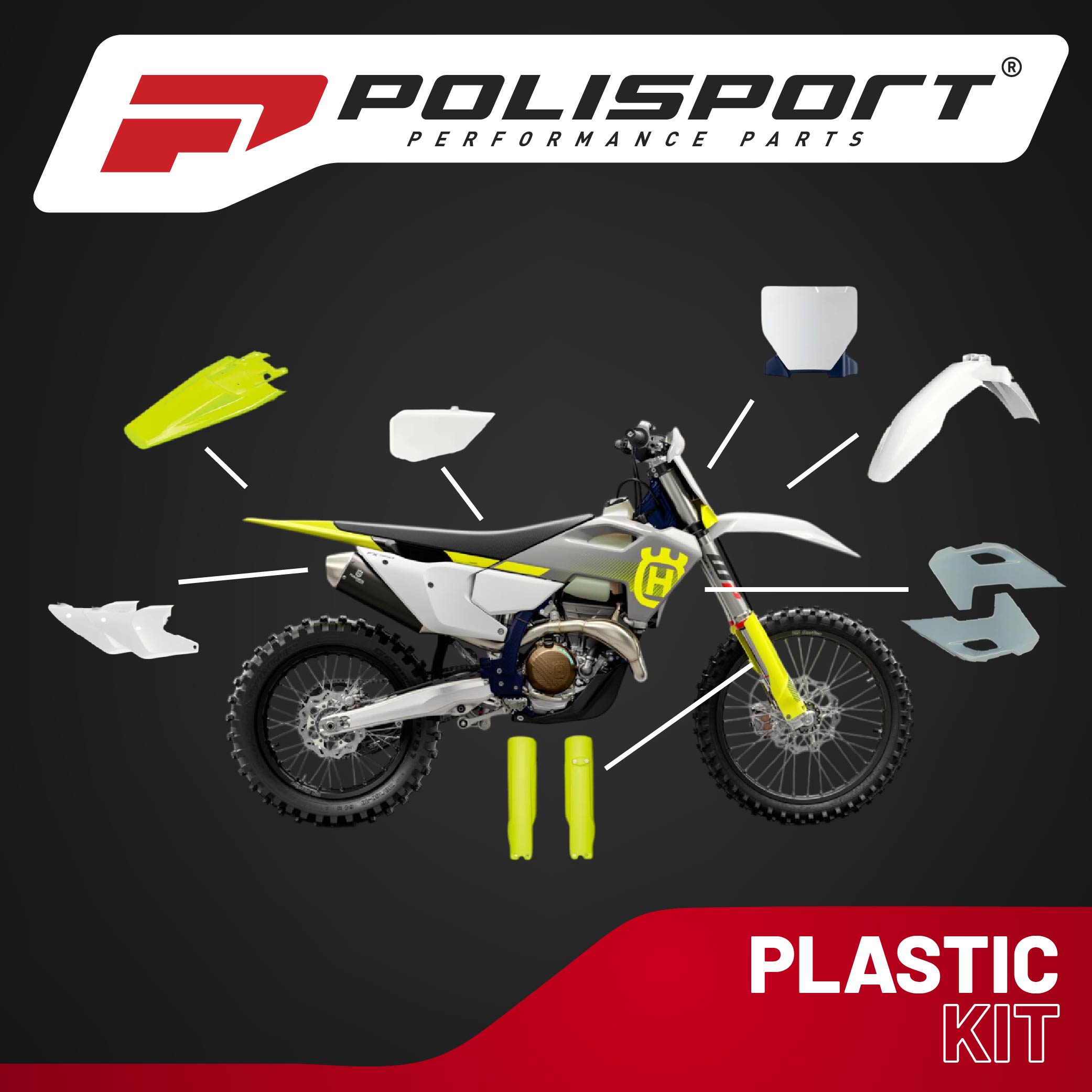 Polisport Motocross (MX) Replica Plastic Kit for Husqvarna TC & FC (2023-2024) Dirt Bike – OEM Quality, Durable, Flexible & Perfect Fit – White/Yellow/Grey