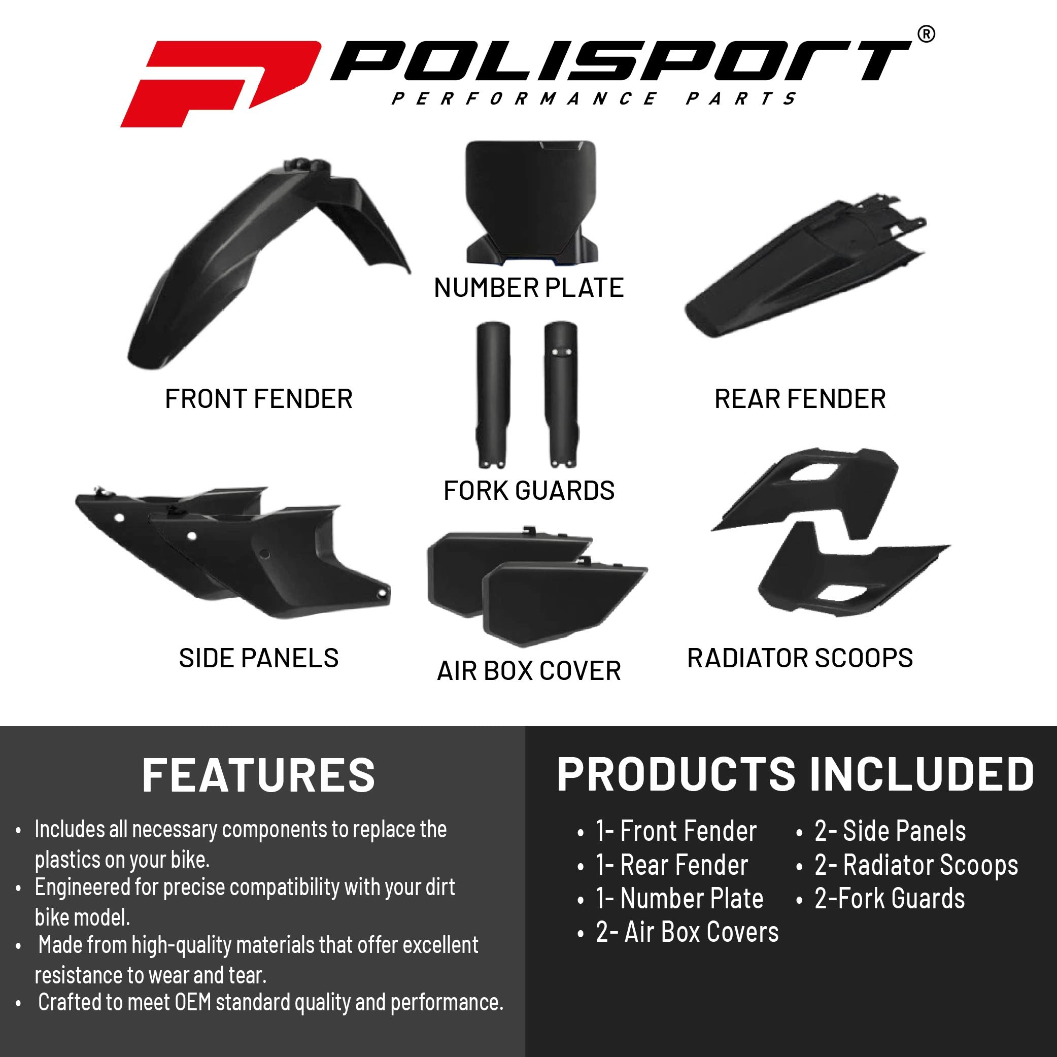 Polisport Motocross (MX) Replica Plastic Kit for Husqvarna FC/FX & TC/TX (2023-2024) Dirt Bike – OEM Quality, Durable, Flexible & Perfect Fit – Black