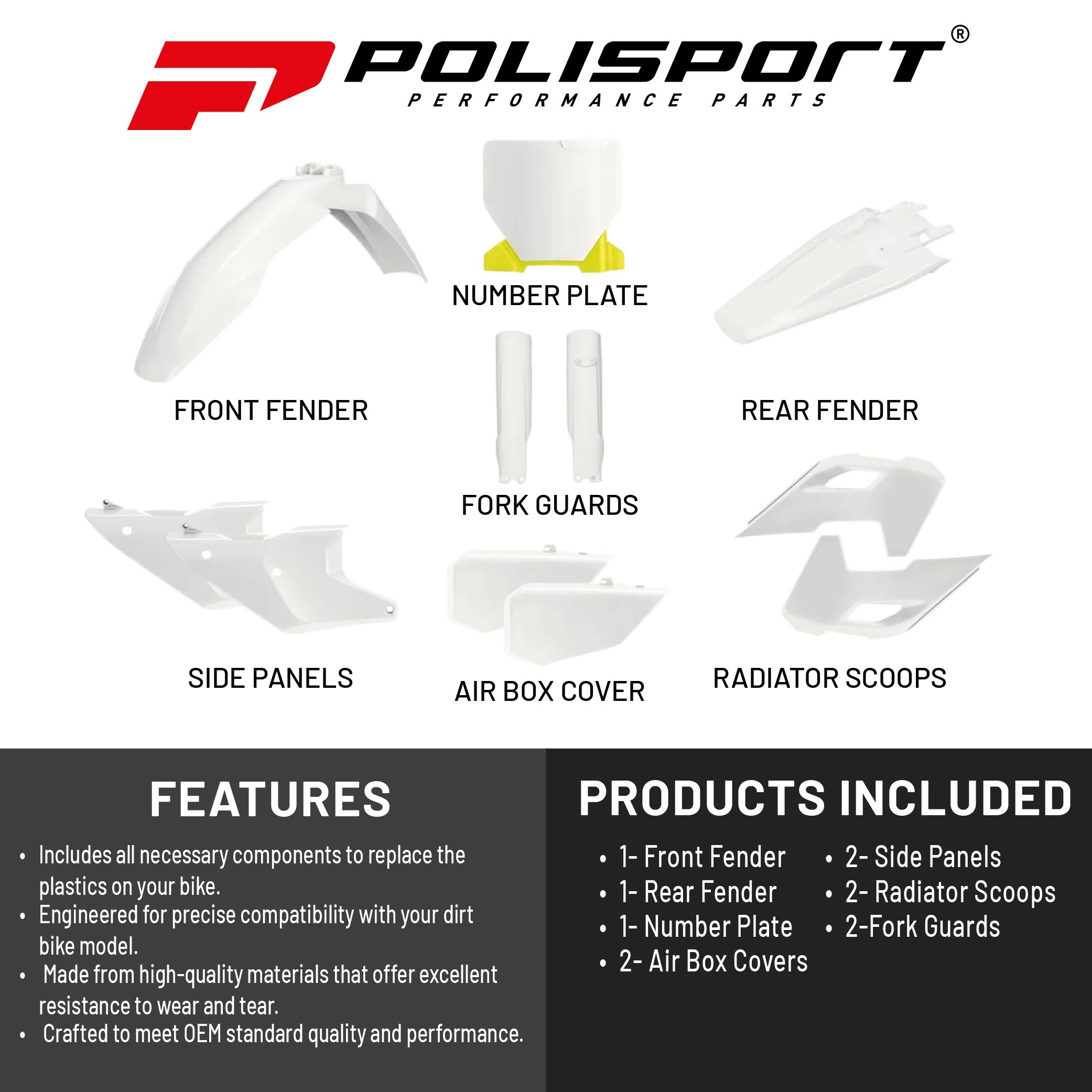Polisport Motocross (MX) Replica Plastic Kit for Husqvarna FC/FX & TC/TX (2022-2024) Dirt Bike – OEM Quality, Durable, Flexible & Perfect Fit – White/Yellow