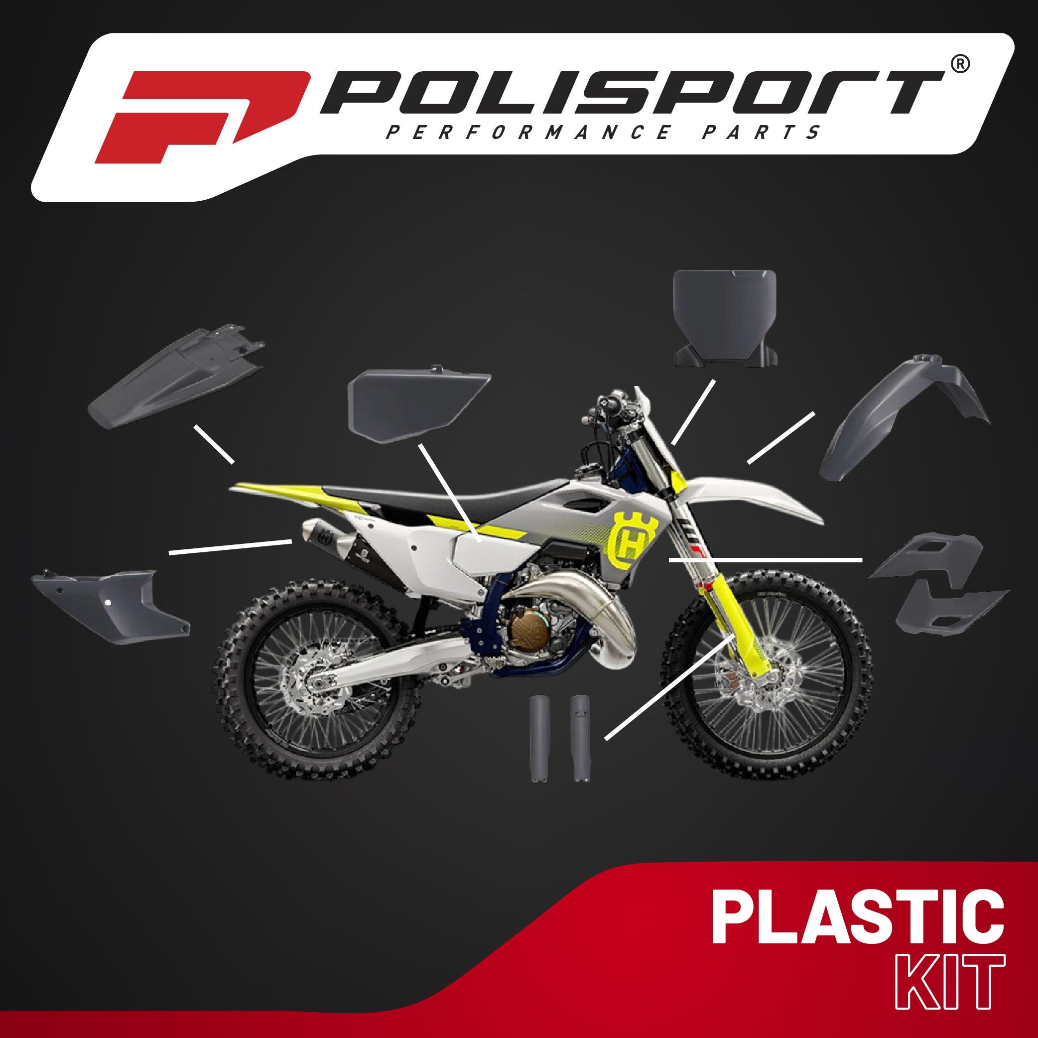 Polisport Motocross (MX) Replica Plastic Kit for Husqvarna TC/FC (2023-24) Dirt Bike – OEM Quality, Durable, Flexible & Perfect Fit – Nardo Grey