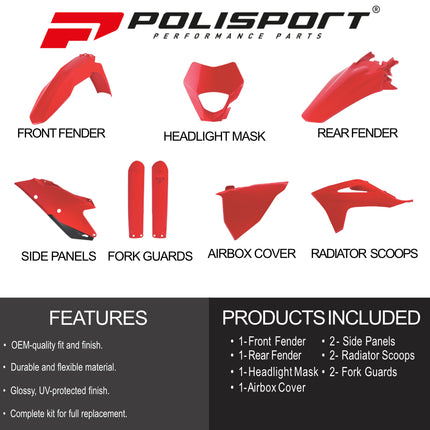 Polisport Motocross (MX) Replica Plastic Enduro Kit for GasGas EC/EC-F (2021-23) Dirt Bike – OEM Quality, Durable, Flexible & Perfect Fit – Red