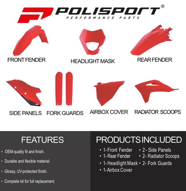 Polisport Motocross (MX) Replica Plastic Enduro Kit for GasGas EC/EC-F (2021-23) Dirt Bike – OEM Quality, Durable, Flexible & Perfect Fit – Red
