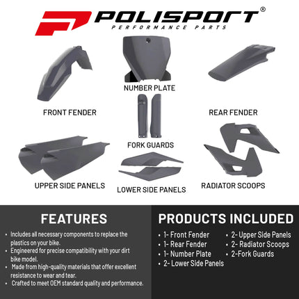 Polisport Motocross (MX) Replica Plastic Kit for Husqvarna TC/FC (2019-22) Dirt Bike – OEM Quality, Durable, Flexible & Perfect Fit – Nardo Grey
