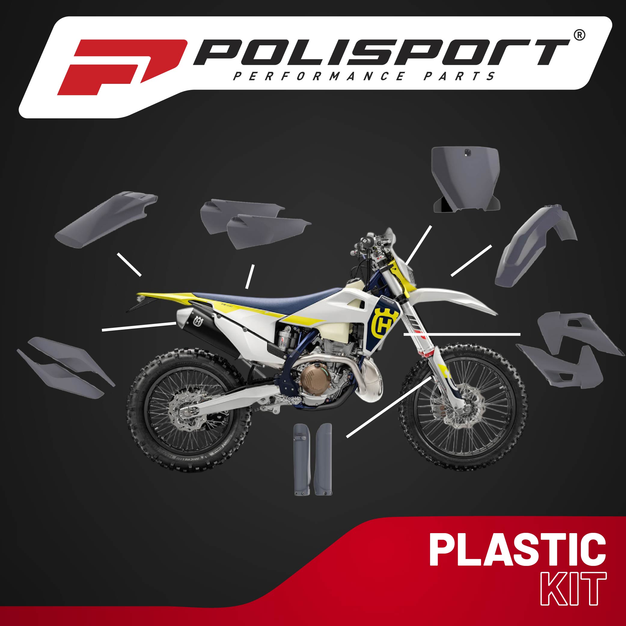 Polisport Motocross (MX) Replica Plastic Kit for Husqvarna TE & FE (2020–2023) Dirt Bike – OEM Quality, Durable, Flexible & Perfect Fit – Nardo Grey