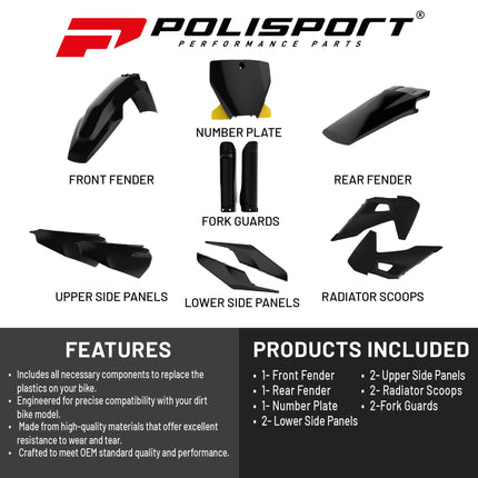 Polisport Motocross (MX) Replica Plastic Kit for Husqvarna TC & FC (2019-2022) Dirt Bike – OEM Quality, Durable, Flexible & Perfect Fit – Black