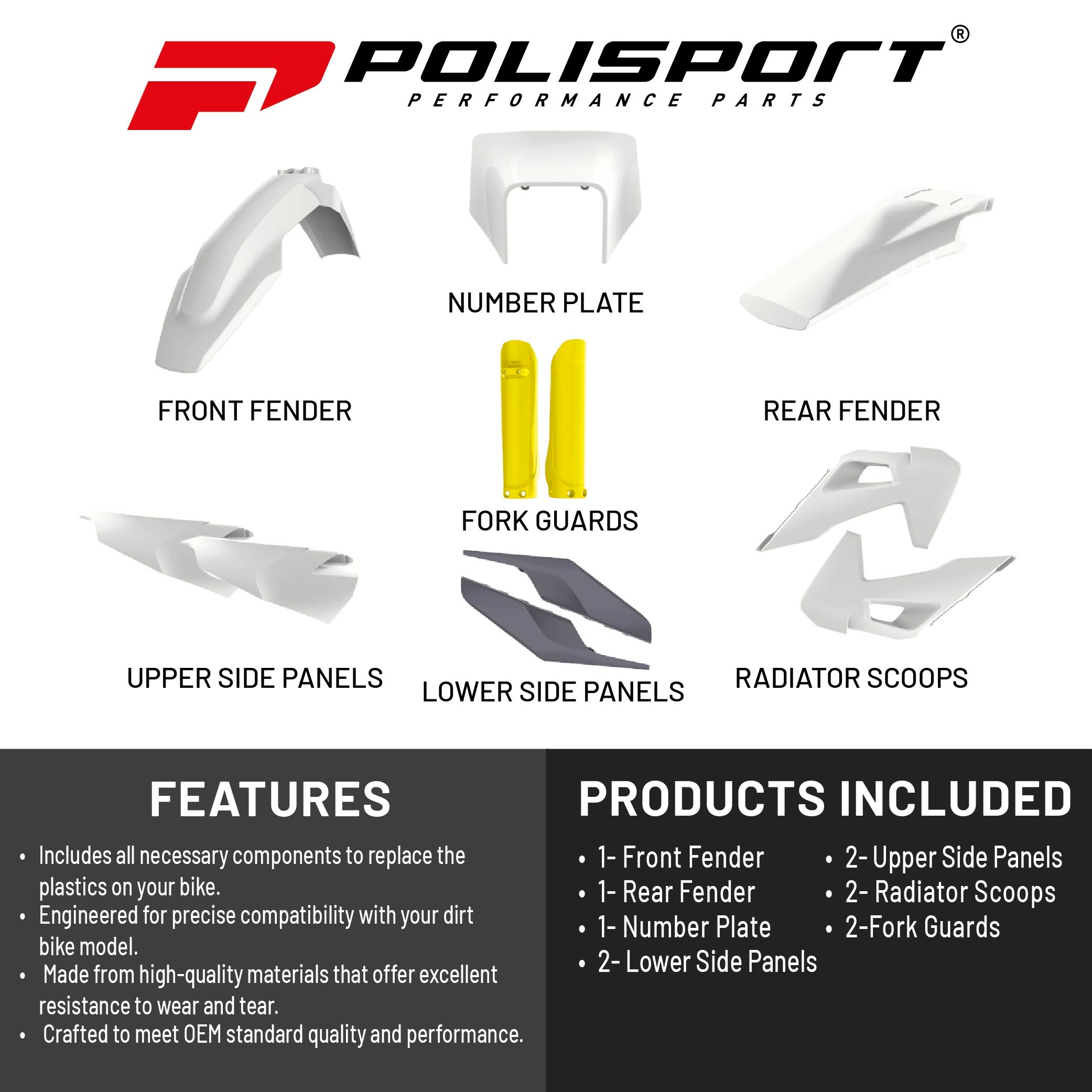 Polisport Motocross (MX) Replica Plastic Kit for Husqvarna TE & FE (2020-2023) Dirt Bike – OEM Quality, Durable, Flexible & Perfect Fit – White/Yellow