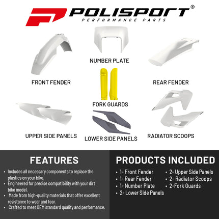 Polisport Motocross (MX) Replica Plastic Kit for Husqvarna TE & FE (2020-2023) Dirt Bike – OEM Quality, Durable, Flexible & Perfect Fit – OEM Color