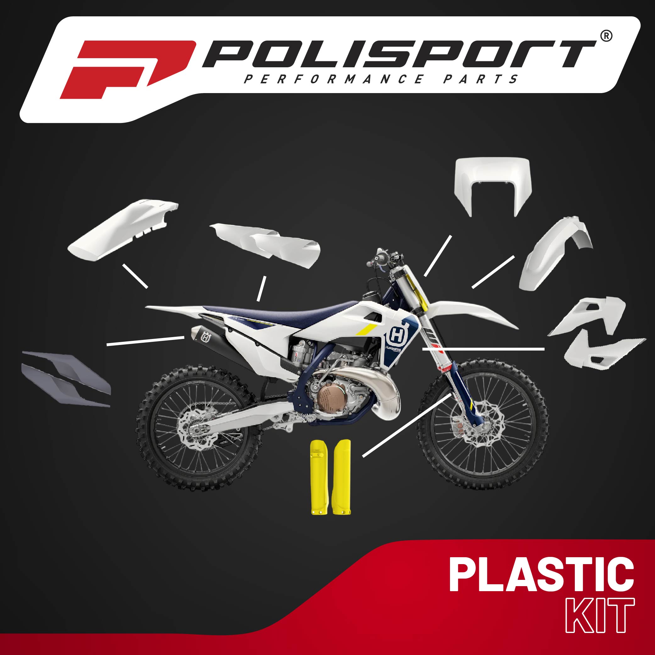 Polisport Motocross (MX) Replica Plastic Kit for Husqvarna TE & FE (2020-2023) Dirt Bike – OEM Quality, Durable, Flexible & Perfect Fit – White/Yellow