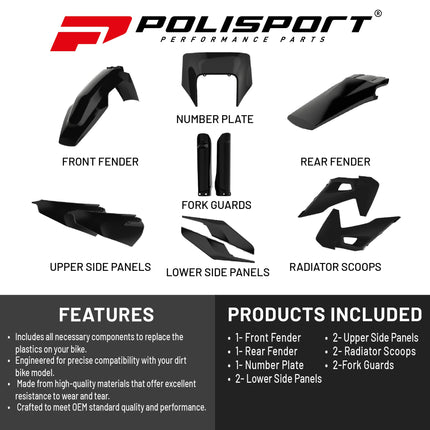 Polisport Motocross (MX) Replica Plastic Kit for Husqvarna TE & FE (2020-2023) Dirt Bike – OEM Quality, Durable, Flexible & Perfect Fit – Black
