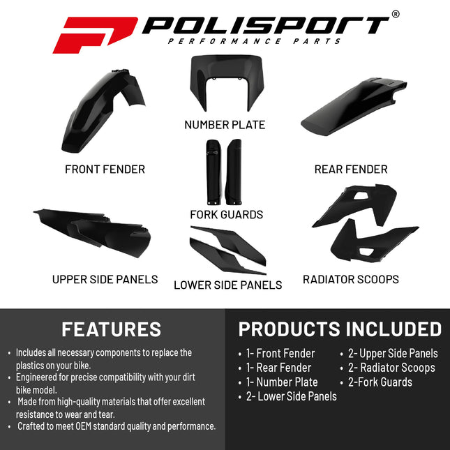 Polisport Motocross (MX) Replica Plastic Kit for Husqvarna TE & FE (2020-2023) Dirt Bike – OEM Quality, Durable, Flexible & Perfect Fit – Black