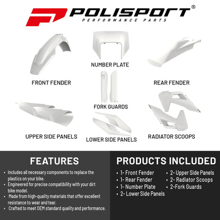 Polisport Motocross (MX) Replica Plastic Kit for Husqvarna TE & FE (2020-2023) Dirt Bike – OEM Quality, Durable, Flexible & Perfect Fit – White