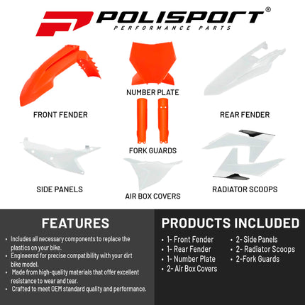 Polisport Motocross (MX) Replica Plastic Kit for KTM SXF, XC, XCF (2022-24) Dirt Bike – OEM Quality, Durable, Flexible & Perfect Fit – Orange/White