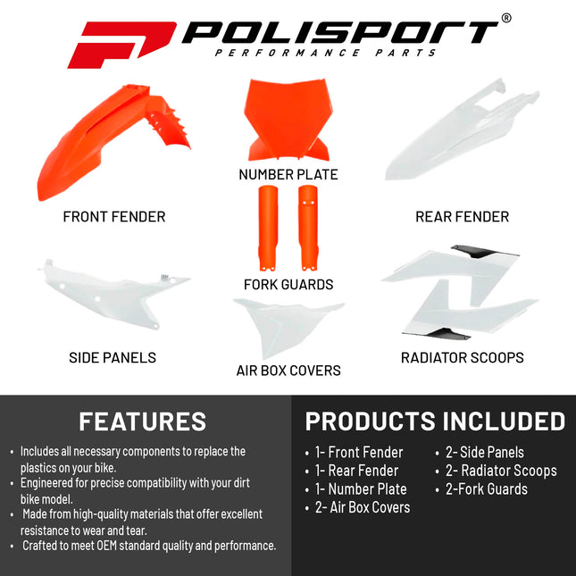 Polisport Motocross (MX) Replica Plastic Kit for KTM SXF, XC, XCF (2022-24) Dirt Bike – OEM Quality, Durable, Flexible & Perfect Fit – Orange/White