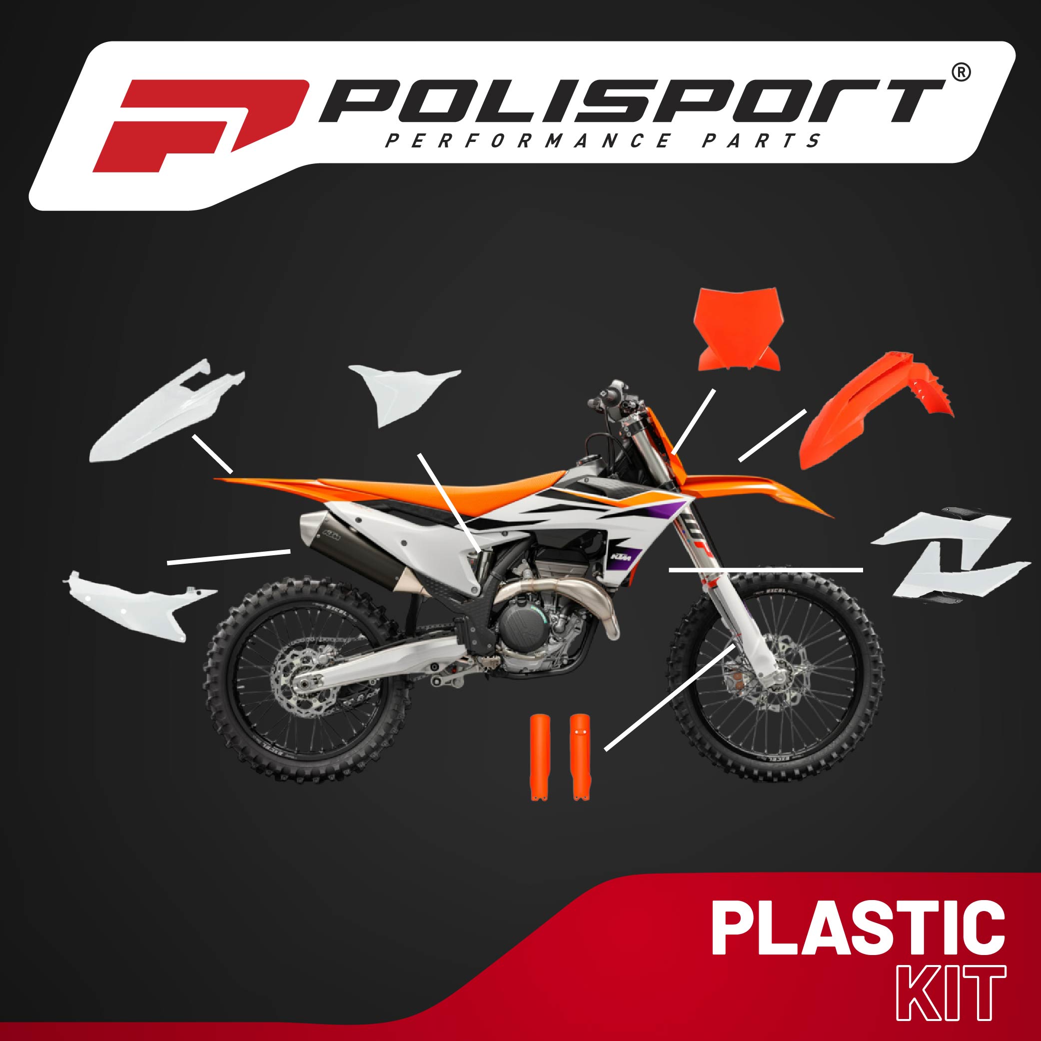 Polisport Motocross (MX) Replica Plastic Kit for KTM SXF, XC, XCF (2022-24) Dirt Bike – OEM Quality, Durable, Flexible & Perfect Fit – Orange/White