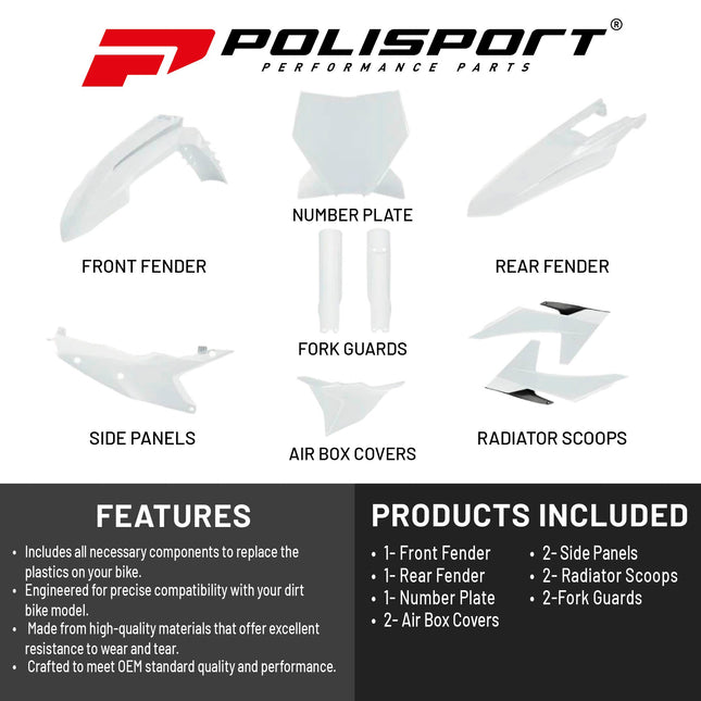 Polisport Motocross (MX) Replica Plastic Kit for KTM SX/XC (2023-2024) Dirt Bike – OEM Quality, Durable, Flexible & Perfect Fit – White