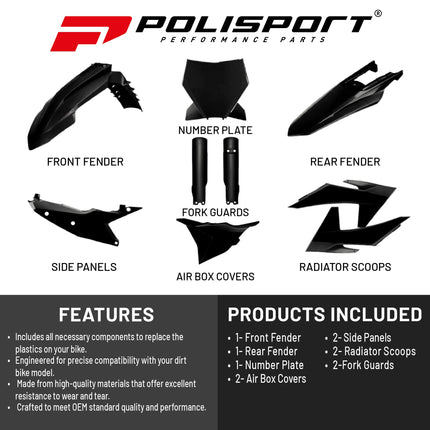 Polisport Motocross (MX) Replica Plastic Kit for KTM SXF, XC, XCF (2022-24) Dirt Bike – OEM Quality, Durable, Flexible & Perfect Fit – Black