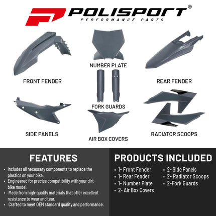 Polisport Motocross (MX) Replica Plastic Kit for KTM SXF, XC, XCF (2022-24) Dirt Bike – OEM Quality, Durable, Flexible & Perfect Fit – Grey