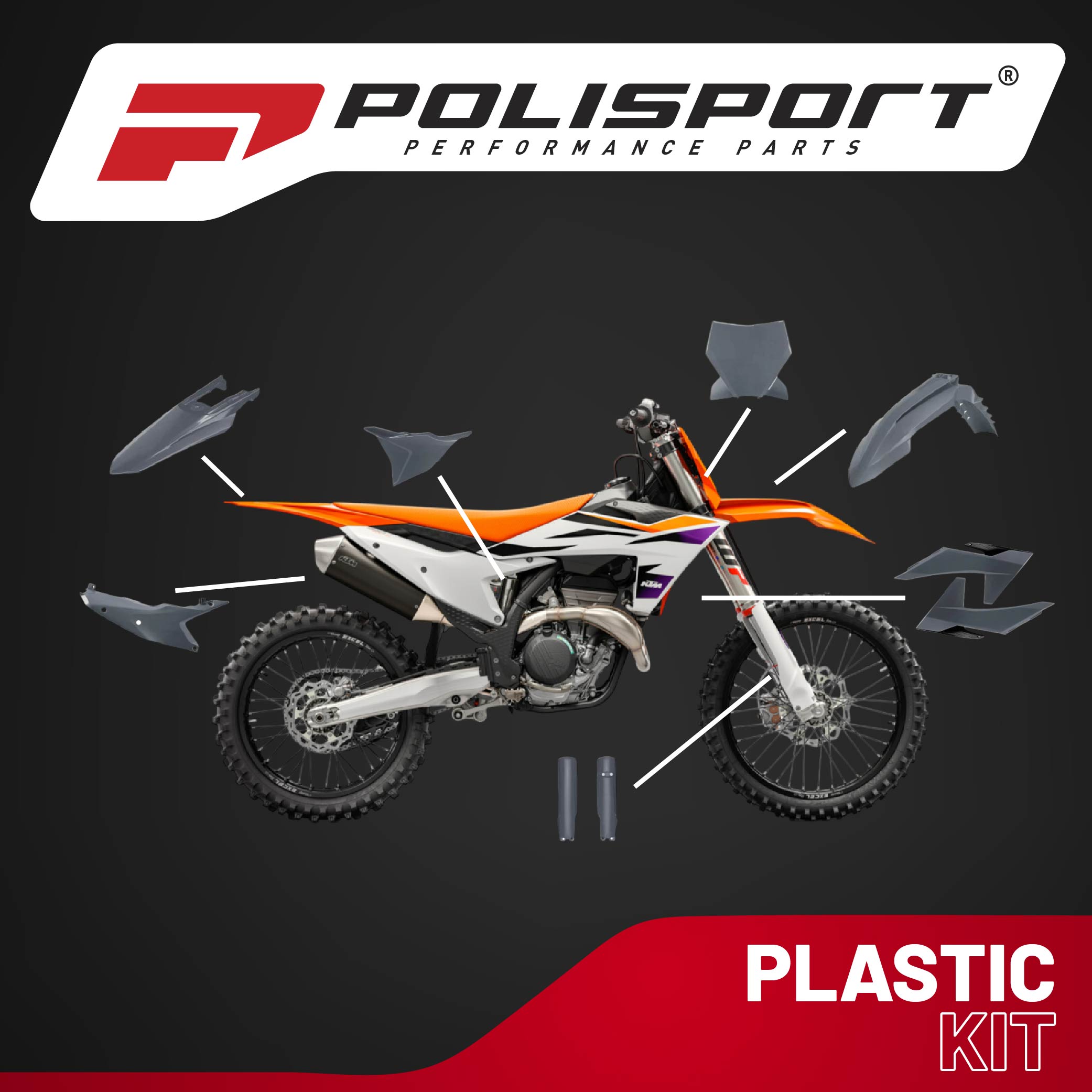 Polisport Motocross (MX) Replica Plastic Kit for KTM SXF, XC, XCF (2022-24) Dirt Bike – OEM Quality, Durable, Flexible & Perfect Fit – White