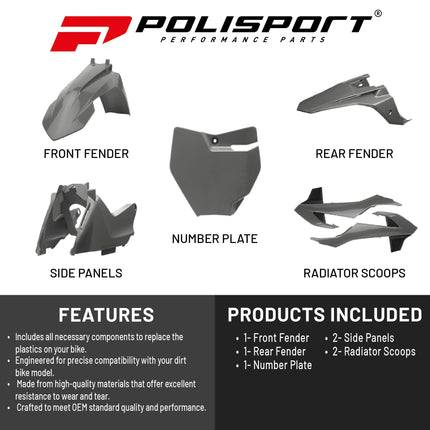 Polisport Motocross (MX) Replica Plastic Kit for KTM SX65 (2016-2023) Dirt Bike – OEM Quality, Durable, Flexible & Perfect Fit – Nardo Grey