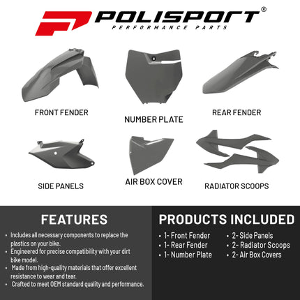 Polisport Motocross (MX) Replica Plastic Kit for KTM SX85 (2016-2024) Dirt Bike – OEM Quality, Durable, Flexible & Perfect Fit – Nardo Grey