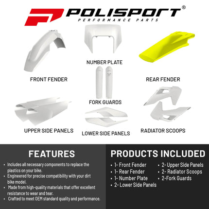 Polisport Motocross (MX) Replica Plastic Kit for Husqvarna TE/FE (2020-23) Dirt Bike – OEM Quality, Durable, Flexible & Perfect Fit – White/Yellow