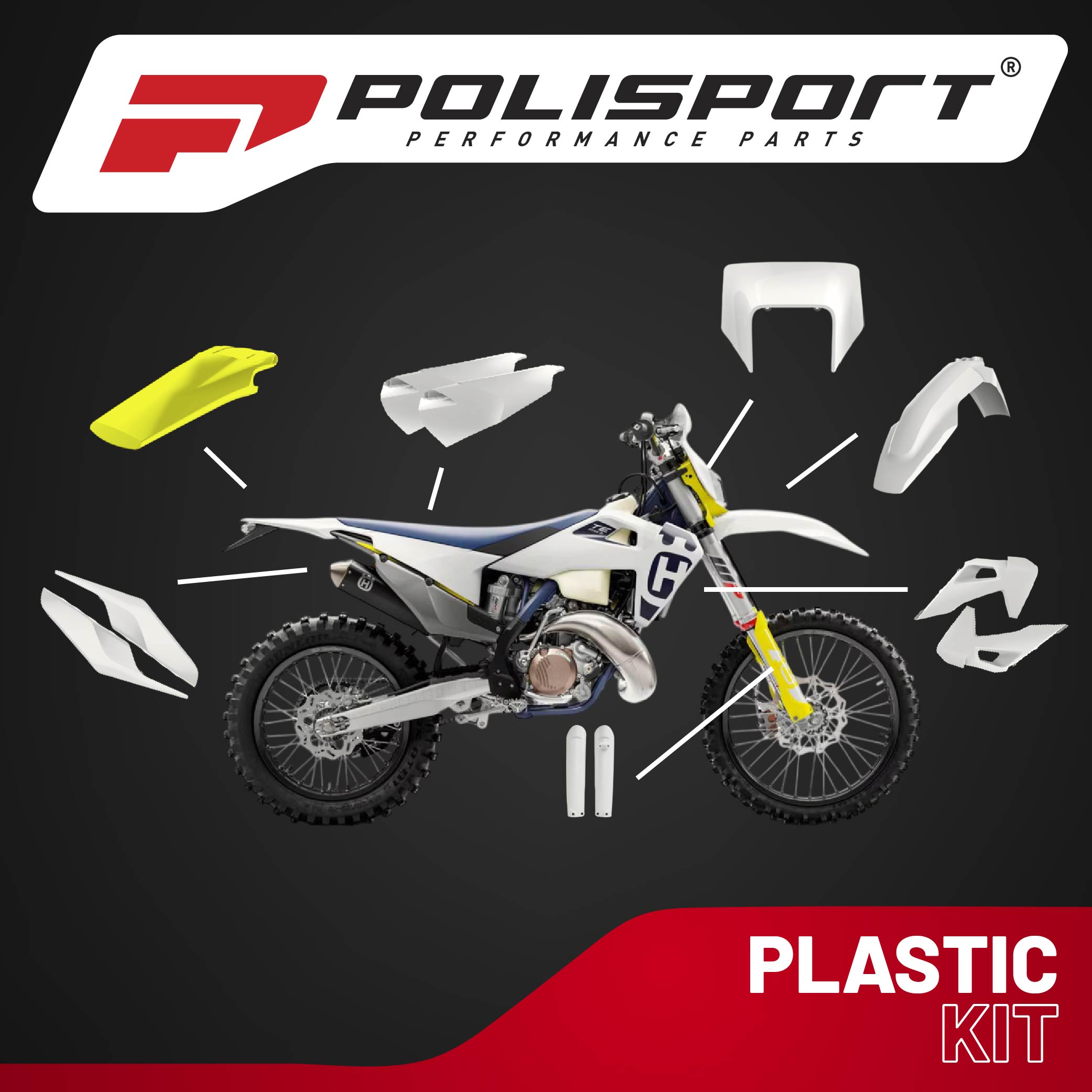 Polisport Motocross (MX) Replica Plastic Kit for Husqvarna TE/FE (2020-23) Dirt Bike – OEM Quality, Durable, Flexible & Perfect Fit – White/Yellow