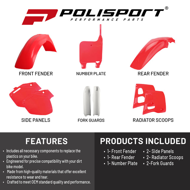 Polisport MX Plastic Kit for Honda CR 125R (1991-1992) Dirt Bike, OEM, Red/White