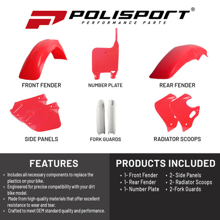 Polisport MX Plastic Kit for Honda CR 250R (1992-1994) Dirt Bike, OEM, Red/White