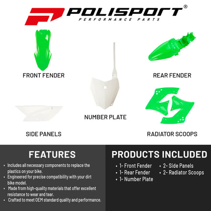 Polisport Motocross (MX) Replica Plastic Kit for Kawasaki KLX 110 (2010-25) Dirt Bike – OEM Quality, Durable, Flexible & Perfect Fit – Green/White