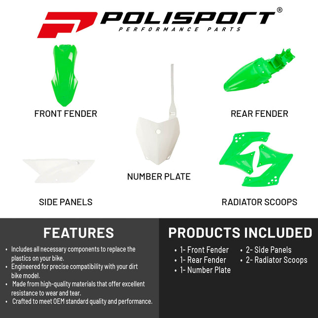 Polisport Motocross (MX) Replica Plastic Kit for Kawasaki KLX 110 (2010-25) Dirt Bike – OEM Quality, Durable, Flexible & Perfect Fit – Green/White