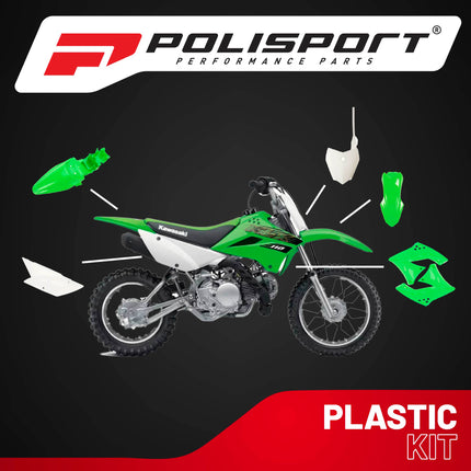 Polisport Motocross (MX) Replica Plastic Kit for Kawasaki KLX 110 (2010-25) Dirt Bike – OEM Quality, Durable, Flexible & Perfect Fit – Green/White