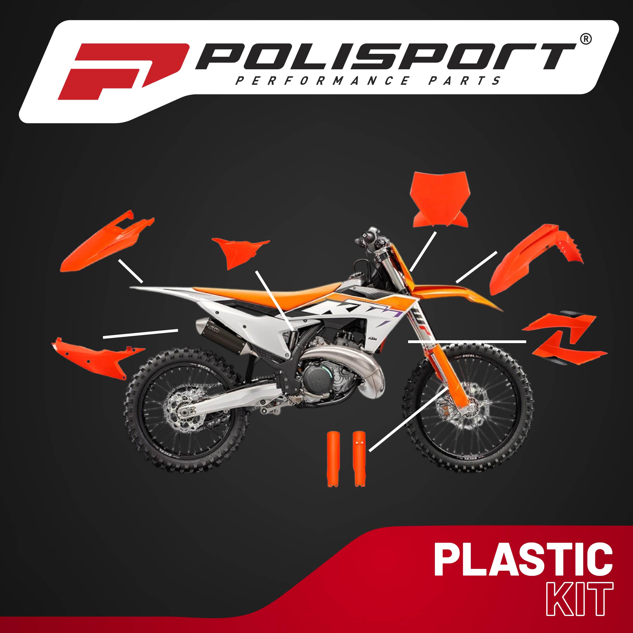 Polisport Motocross (MX) Replica Plastic Kit for KTM SX/SX-F & XC/XC-F (2023–2024) Dirt Bike – OEM Quality, Durable, Flexible & Perfect Fit – Orange