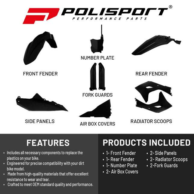 Polisport Motocross (MX) Replica Plastic Kit for Kawasaki KX 450 (2024-25) Dirt Bike – OEM Quality, Durable, Flexible & Perfect Fit – Black