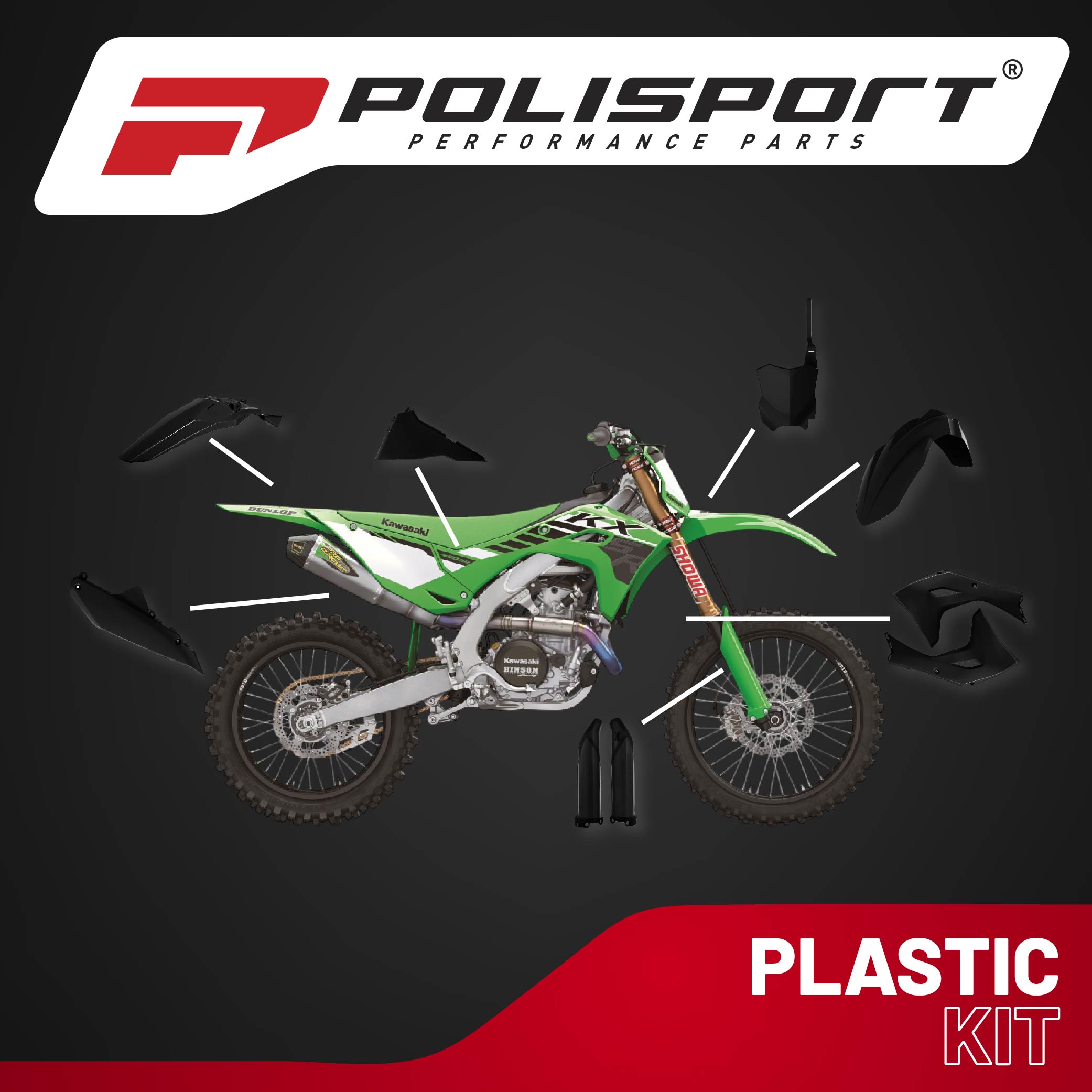 Polisport Motocross (MX) Replica Plastic Kit for Kawasaki KX 450 (2024-25) Dirt Bike – OEM Quality, Durable, Flexible & Perfect Fit – Black