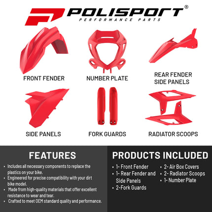 Polisport Motocross (MX) Replica Plastic Kit for Beta RR 2T/4T (2023-24) Dirt Bike – OEM Quality, Durable, Flexible & Perfect Fit – Red