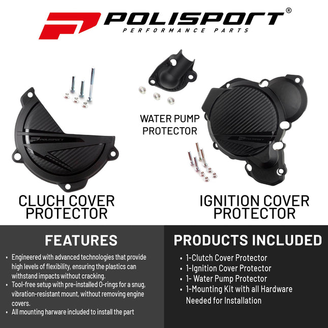 Polisport Clutch and Ignition Cover Protector Kit (Black) - Compatible with KTM EXC/XC-W 250/300 & Husqvarna TE 250/300 (2024-2025)