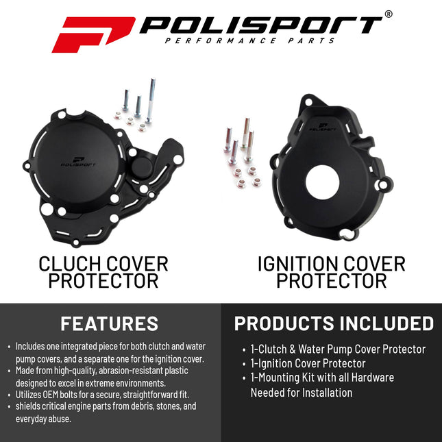 Polisport Motocross Motorcycles (MX) Engine Covers Protector Kit for KTM EXC-F 250/350 (2024) Dirt Bikes - Clutch, Ignition & Water Pump Cover Protectors - Durable Plastic Guards for Scratches - Blk