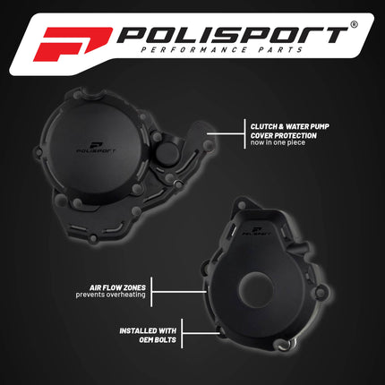 Polisport Motocross Motorcycles (MX) Engine Covers Protector Kit for KTM EXC-F 250/350 (2024) Dirt Bikes - Clutch, Ignition & Water Pump Cover Protectors - Durable Plastic Guards for Scratches - Blk