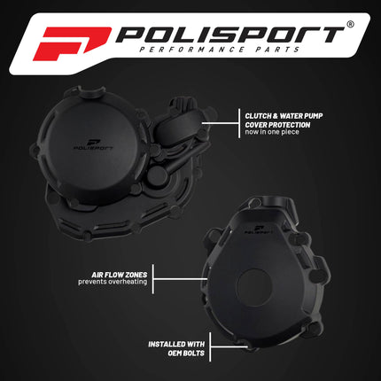 Polisport Motocross Motorcycles (MX) Engine Covers Protector Kit for KTM EXC-F 450/500 & XCF-W 450 (2024) Dirt Bikes - Clutch, Ignition & Water Pump Cover Protectors - Black