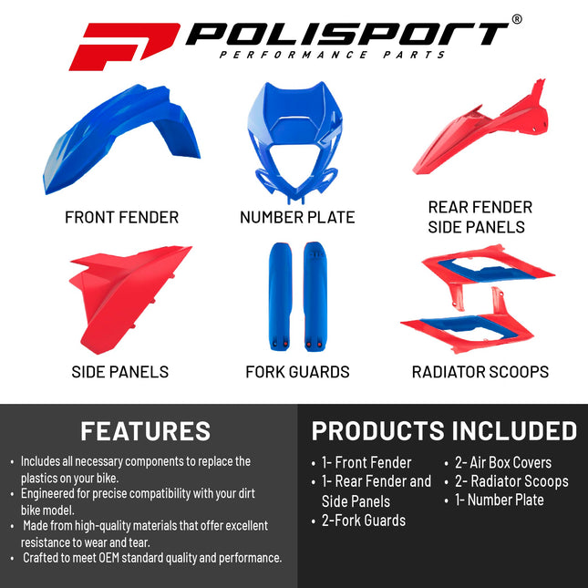 Polisport Motocross (MX) Replica Plastic Kit for Beta RR 2T/4T Racing (2023-24) Dirt Bike – OEM Quality, Durable, Flexible & Perfect Fit – Red/Blue