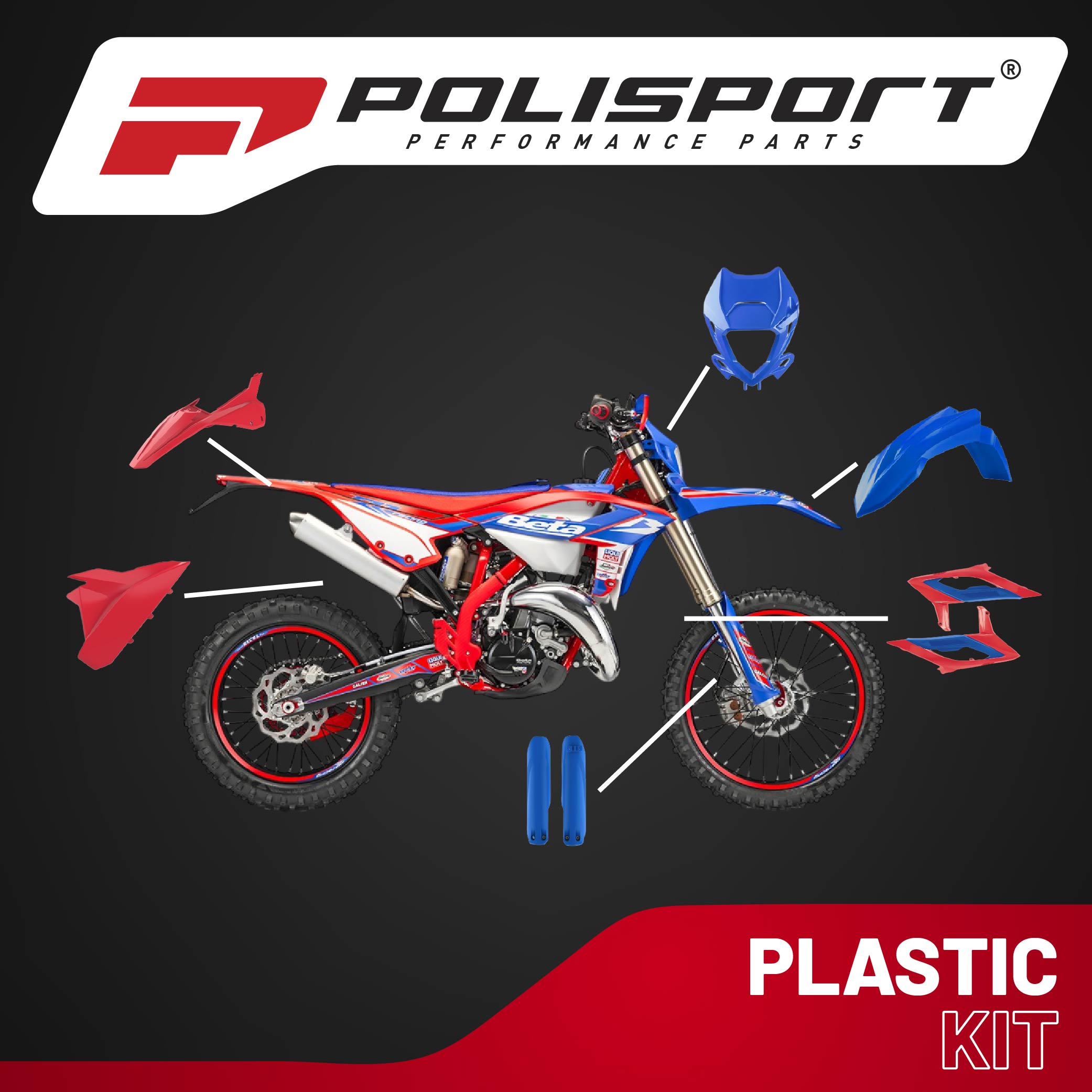 Polisport Motocross (MX) Replica Plastic Kit for Beta RR 2T/4T Racing (2023-24) Dirt Bike – OEM Quality, Durable, Flexible & Perfect Fit – Red/Blue