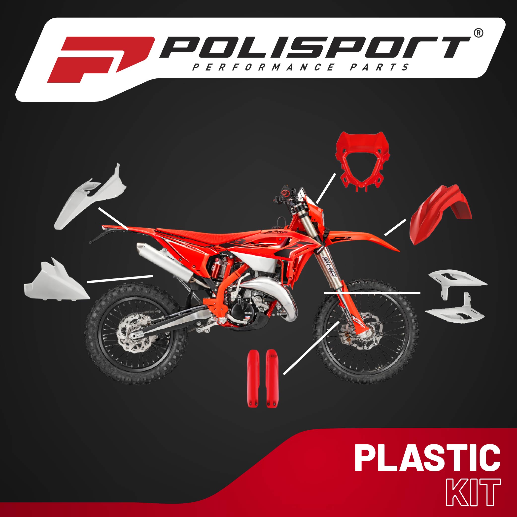 Polisport Motocross (MX) Replica Plastic Kit for Beta RR X-Pro (2025-26) Dirt Bike – OEM Quality, Durable, Flexible & Perfect Fit – Red/White
