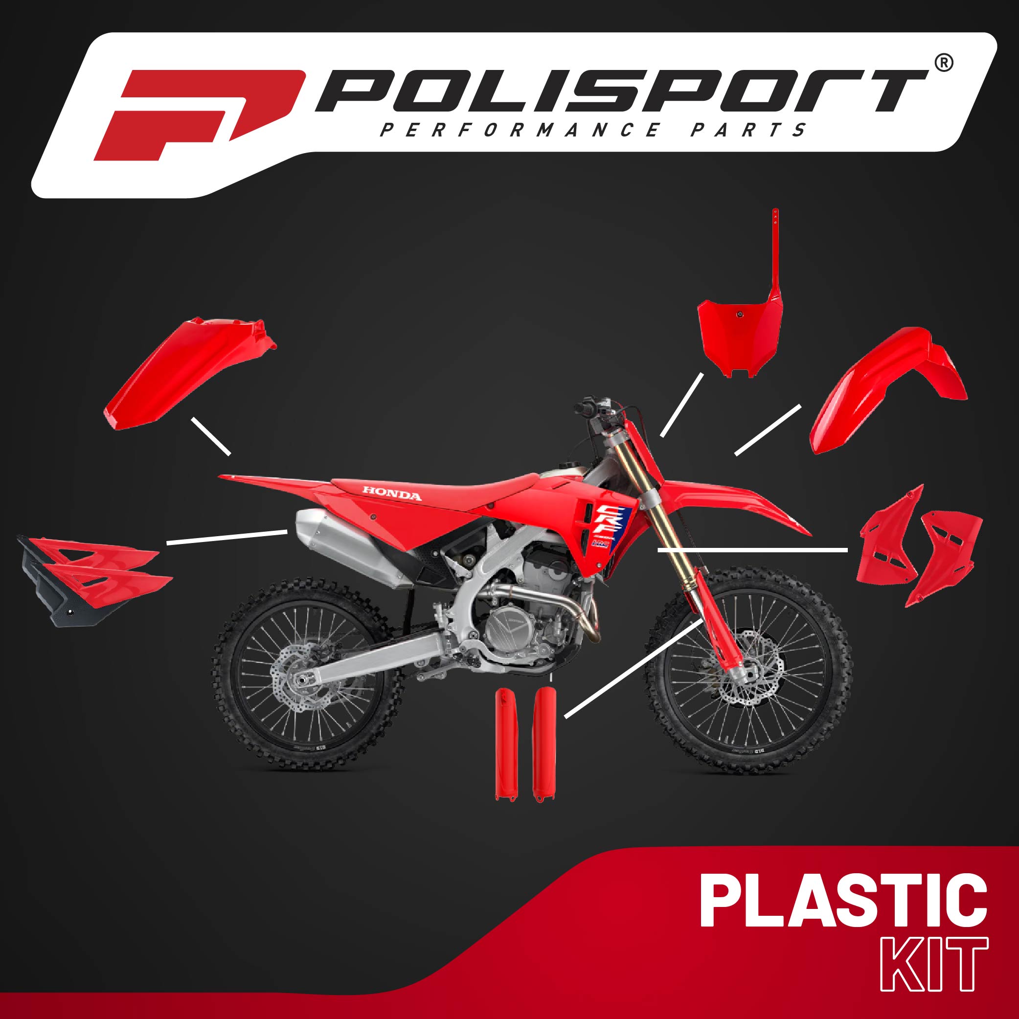 Polisport Motocross (MX) Replica Plastic Kit for Honda CRF 250R (2025) Dirt Bike – OEM Quality, Durable, Flexible & Perfect Fit – Red/Black