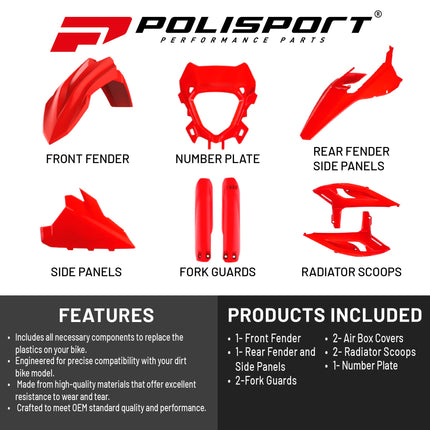 Polisport Motocross (MX) Replica Plastic Kit for Beta RR X-Pro (2025-26) Dirt Bike – OEM Quality, Durable, Flexible & Perfect Fit – Red