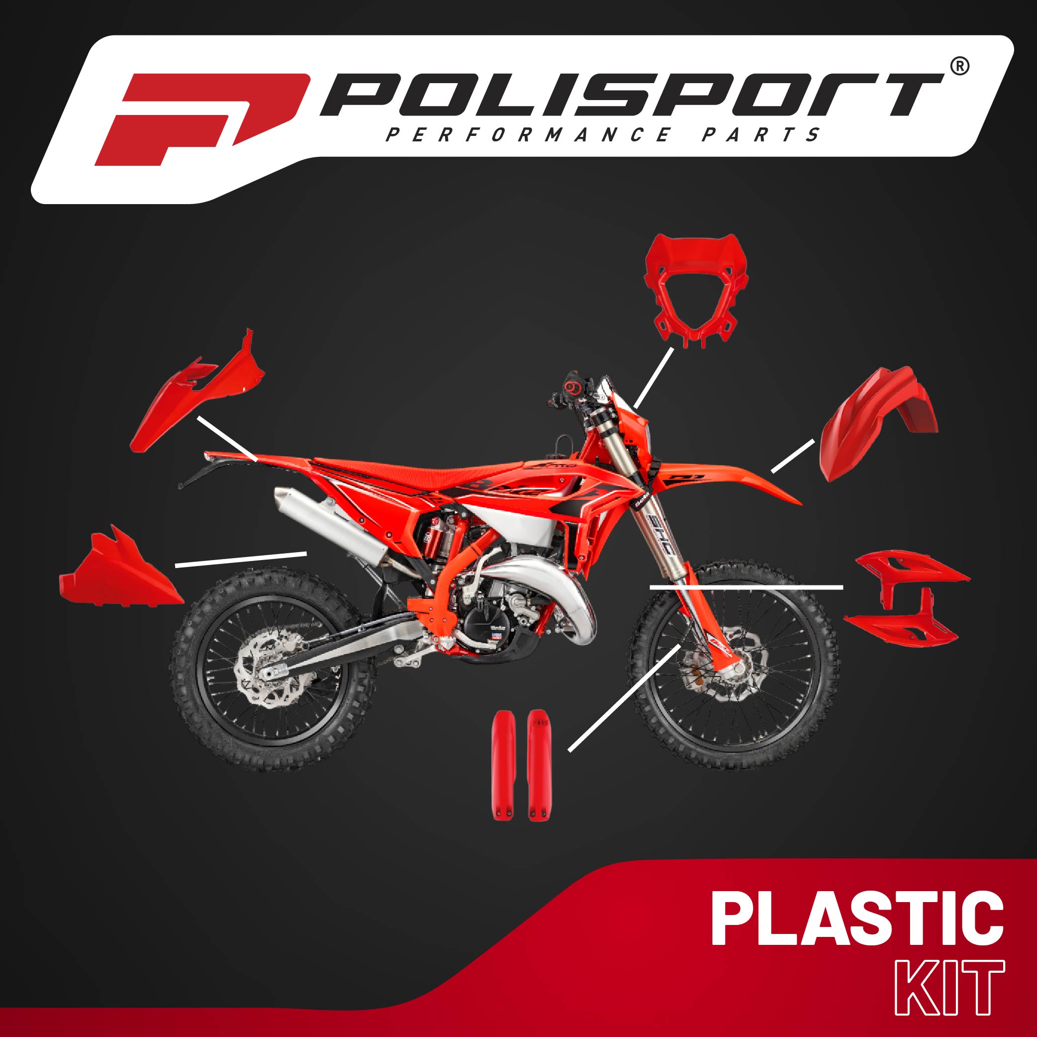 Polisport Motocross (MX) Replica Plastic Kit for Beta RR X-Pro (2025-26) Dirt Bike – OEM Quality, Durable, Flexible & Perfect Fit – Red