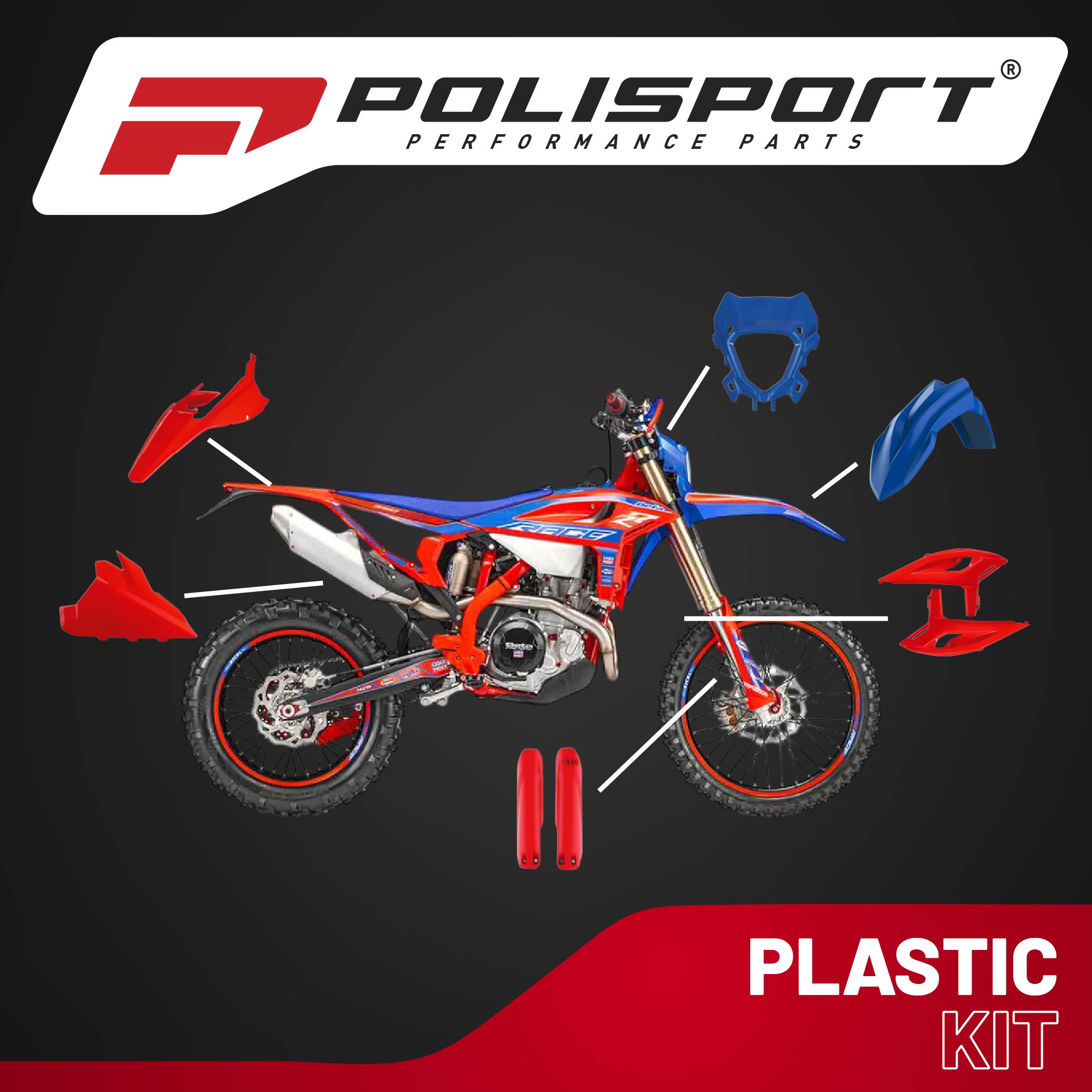 Polisport Motocross (MX) Replica Plastic Kit for Beta RR Racing (2025-26) Dirt Bike – OEM Quality, Durable, Flexible & Perfect Fit – Red/Blue